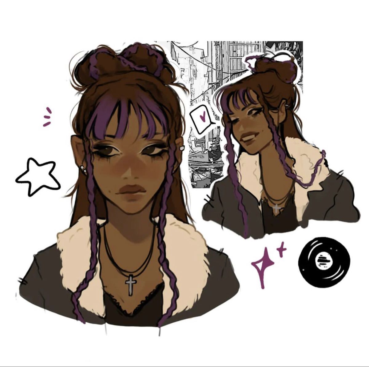 Drawing of a young woman, she has tanned skin and purple hair tied in space buns