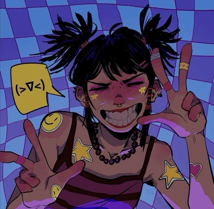 Drawing of a young woman, she is grinnign widely and holding up peace signs