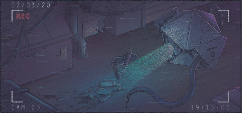 Still image from a survaillance feed showing a icosahedron with tentacles coming out from the sides of it